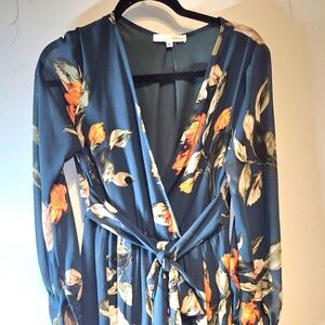 Baltic Born teal blue floral long sleeve floor length dress size m